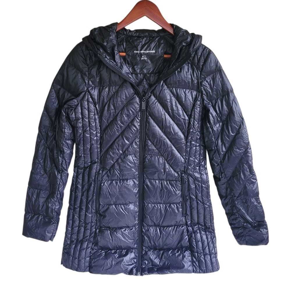 Saks Fifth Avenue 100% Down Long Puffer Hooded Coat Black Womens XS